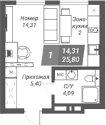 Планировка — Ворошилов, Студия, 26 м²