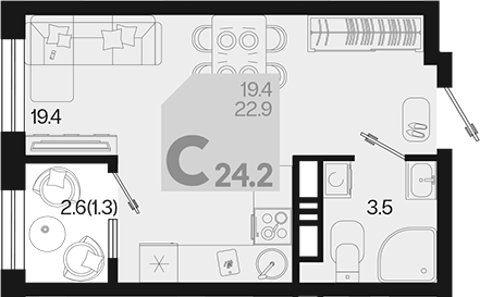 Планировка — Первое место, Студия, 23 м²