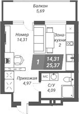 Планировка — Ворошилов, Студия, 25 м²