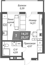 Планировка — Ворошилов, Студия, 25 м²