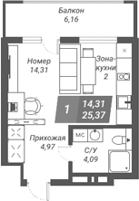 Планировка — Ворошилов, Студия, 25 м²