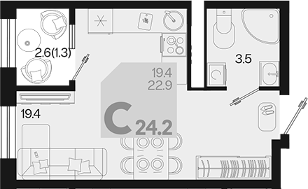 Планировка — Первое место, Студия, 23 м²