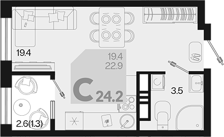 Планировка — Первое место, Студия, 23 м²