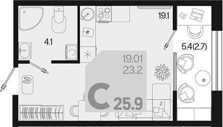 Планировка — Первое место, Студия, 23 м²