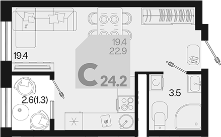 Планировка — Первое место, Студия, 23 м²
