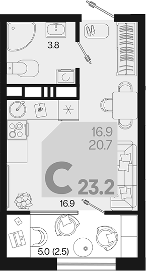 Планировка — Первое место, Студия, 21 м²