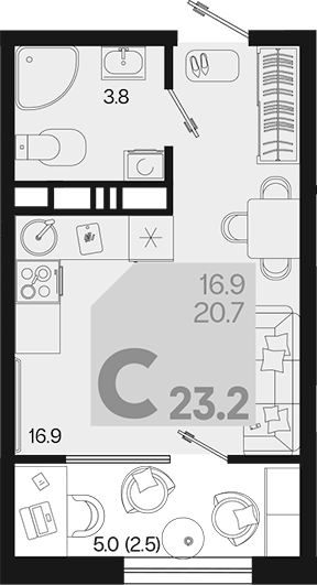 Планировка — Первое место, Студия, 21 м²