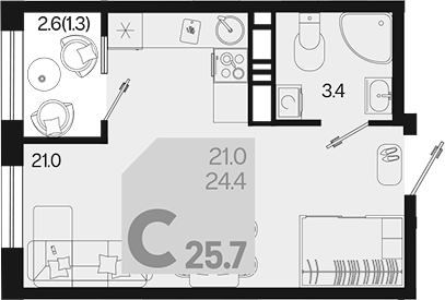 Планировка — Первое место, Студия, 24 м²