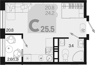 Планировка — Первое место, Студия, 24 м²