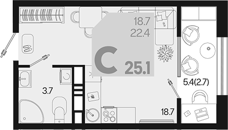 Планировка — Первое место, Студия, 22 м²