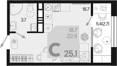 Планировка — Первое место, Студия, 22 м²