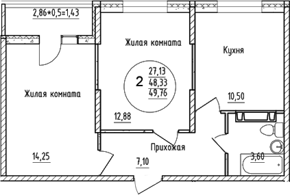 Планировка — Друг, 2-комн., 48 м²