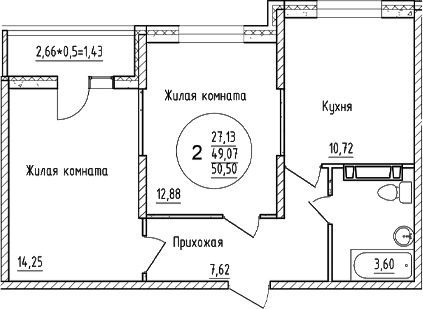 Планировка — Друг, 2-комн., 49 м²