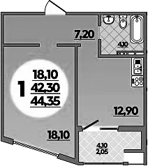Планировка — Горгиппия, 1-комн., 42 м²