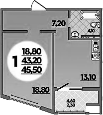 Планировка — Горгиппия, 1-комн., 43 м²