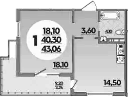 Планировка — Горгиппия, 1-комн., 40 м²