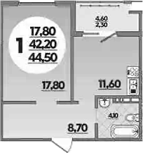 Планировка — Горгиппия, 1-комн., 42 м²