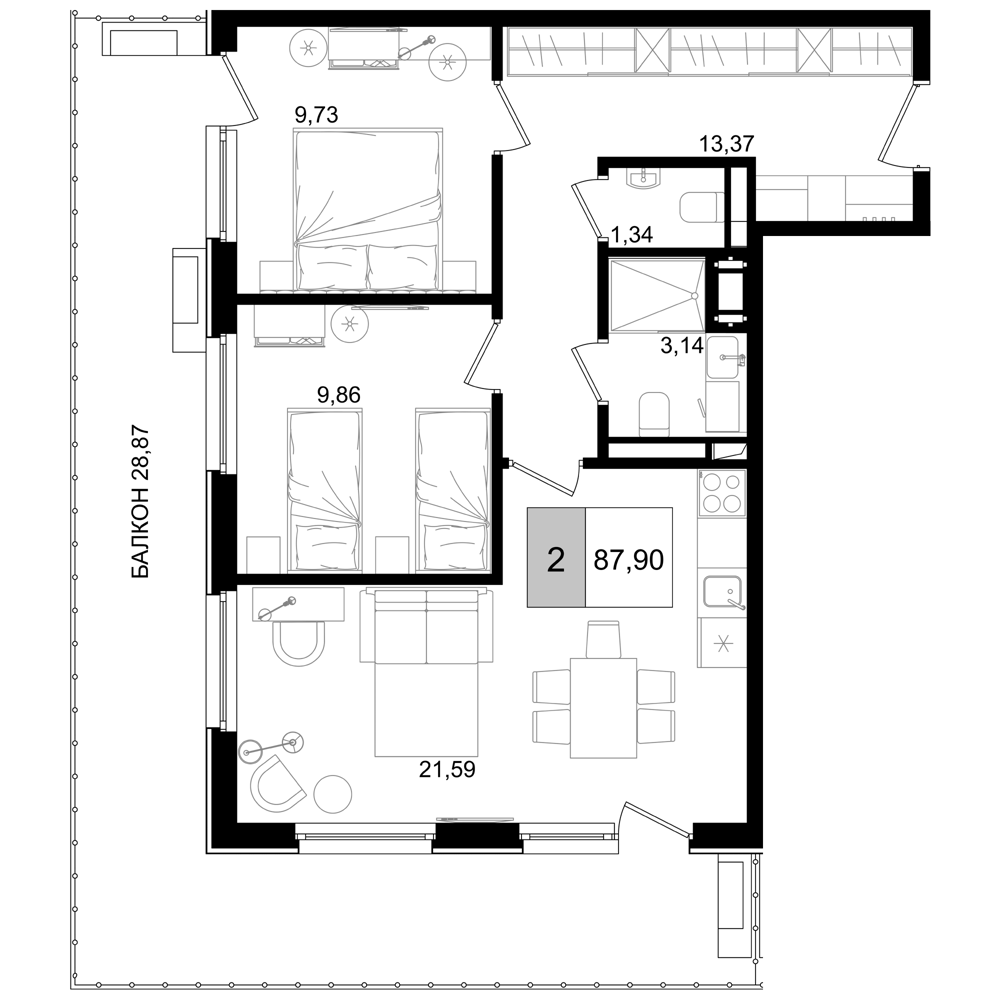 Планировка — ГК Корсаков, 3-комн., 59 м²