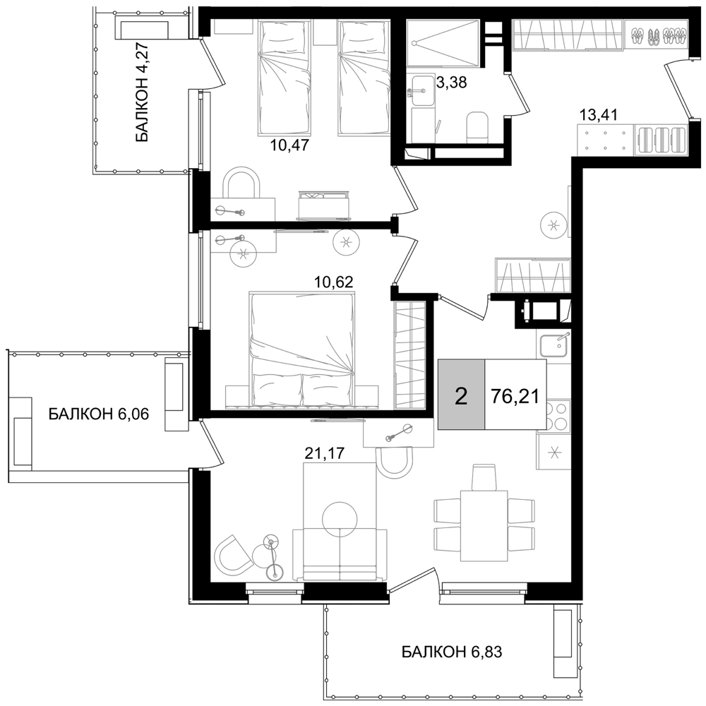 Планировка — ГК Корсаков, 3-комн., 59 м²
