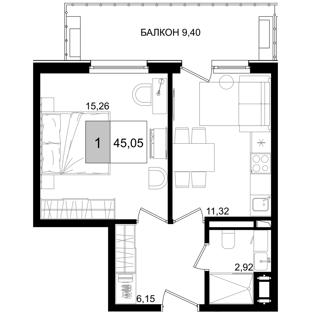 Планировка — ГК Корсаков, 2-комн., 36 м²
