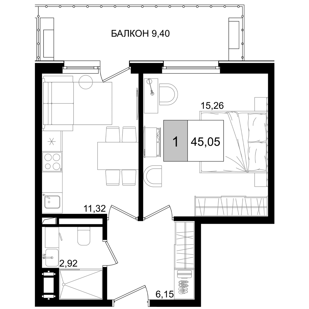 Планировка — ГК Корсаков, 2-комн., 36 м²