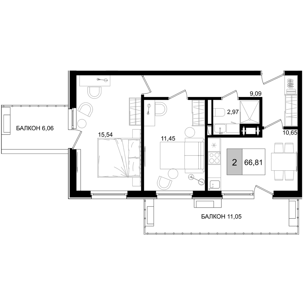 Планировка — ГК Корсаков, 2-комн., 50 м²