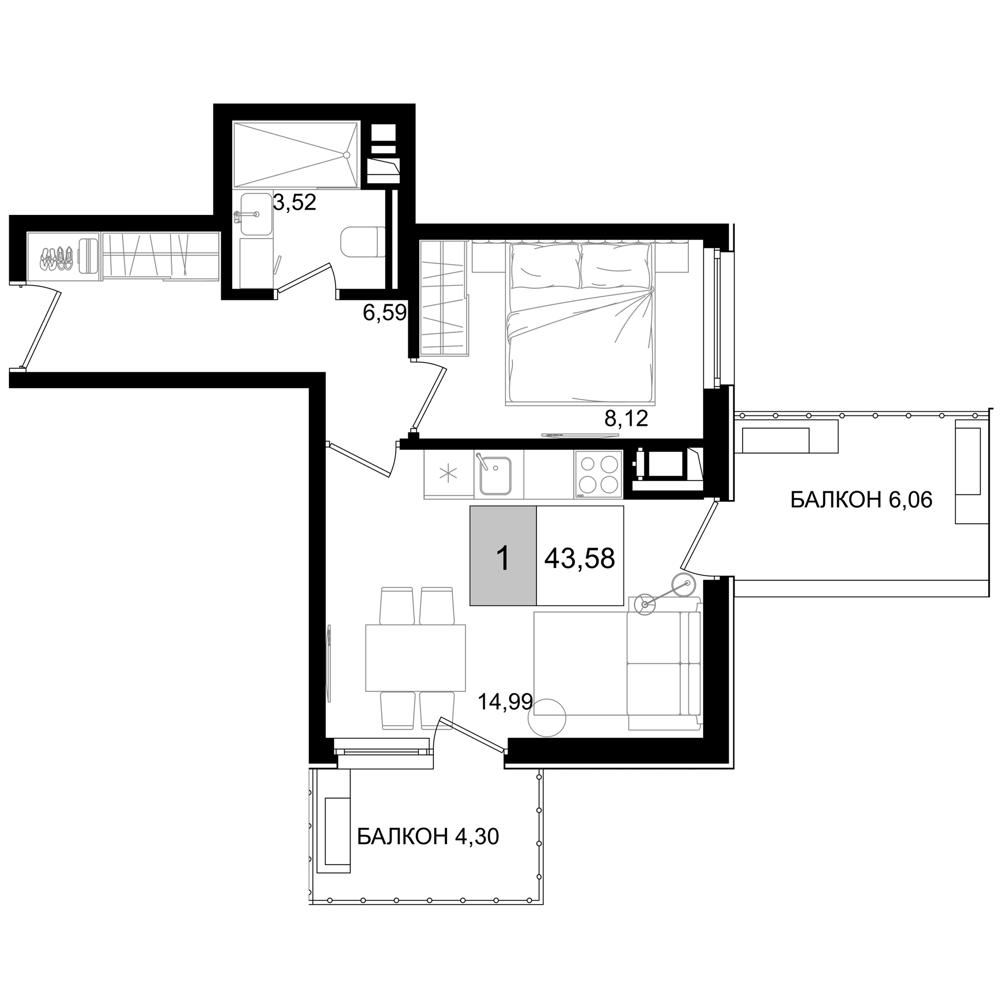 Планировка — ГК Корсаков, 2-комн., 33 м²
