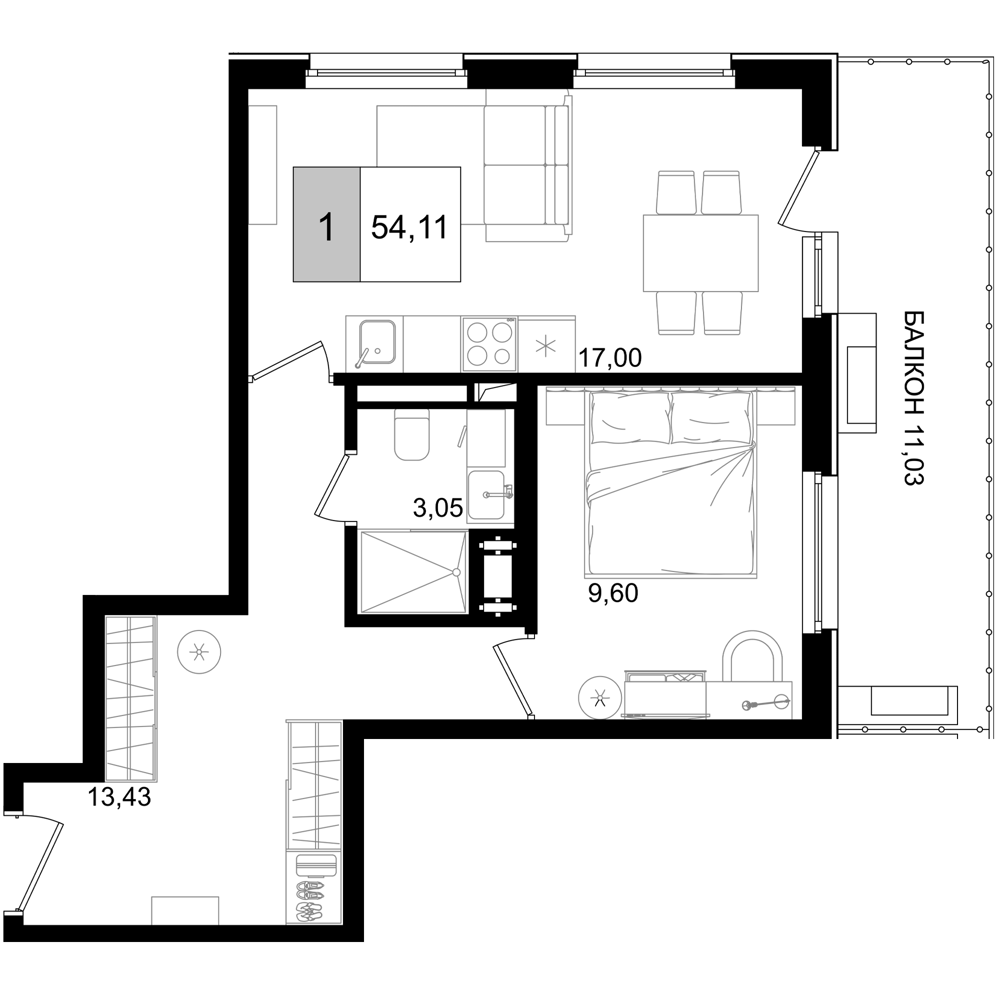 Планировка — ГК Корсаков, 2-комн., 43 м²