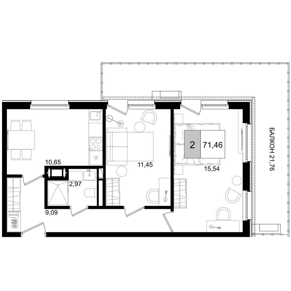 Планировка — ГК Корсаков, 2-комн., 50 м²