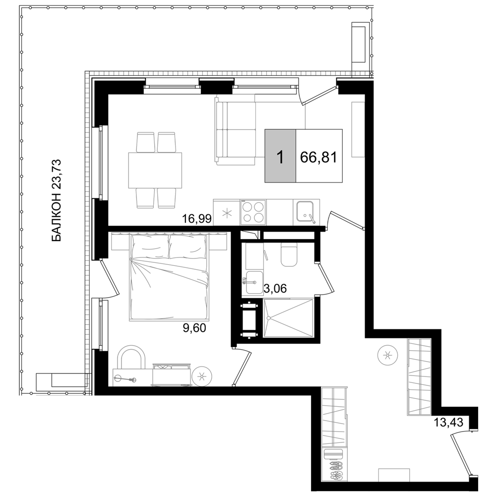 Планировка — ГК Корсаков, 2-комн., 43 м²