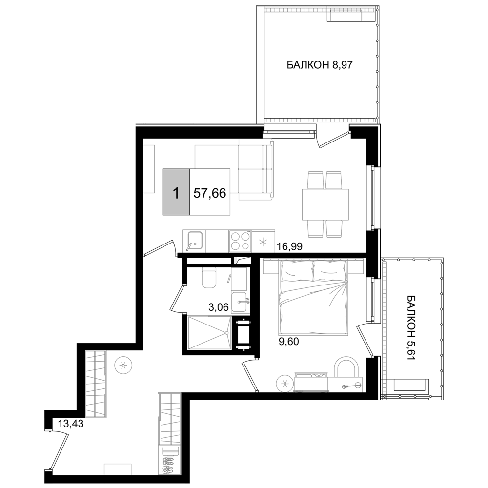 Планировка — ГК Корсаков, 2-комн., 43 м²