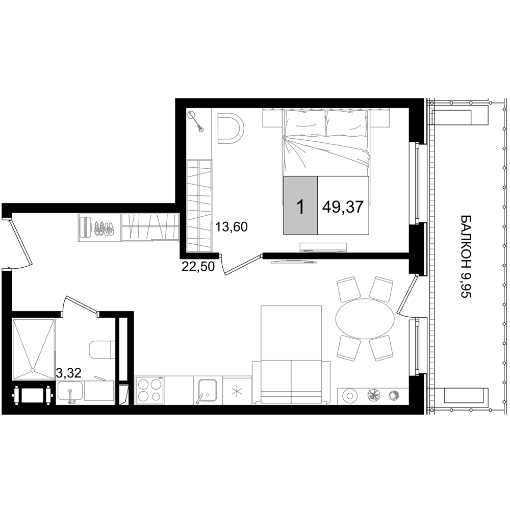Планировка — ГК Корсаков, 2-комн., 39 м²