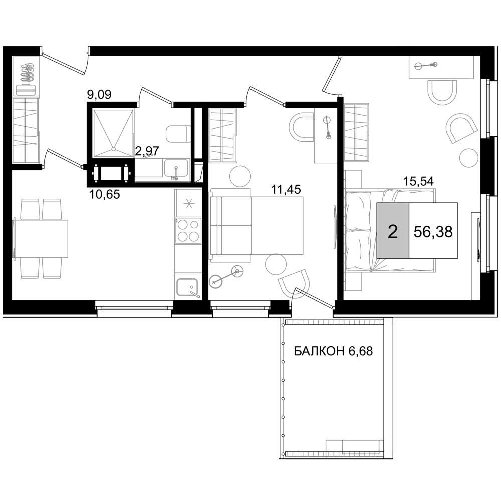 Планировка — ГК Корсаков, 2-комн., 50 м²