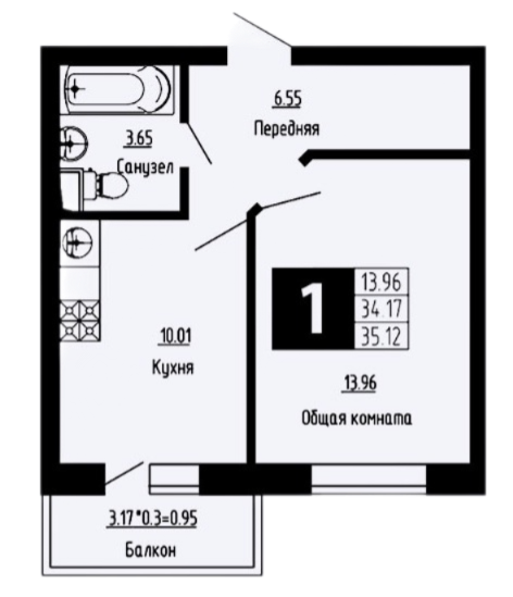Планировка — Фруктовый сад, 1-комн., 34 м²