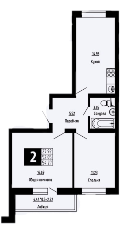 Планировка — Фруктовый сад, 2-комн., 52 м²