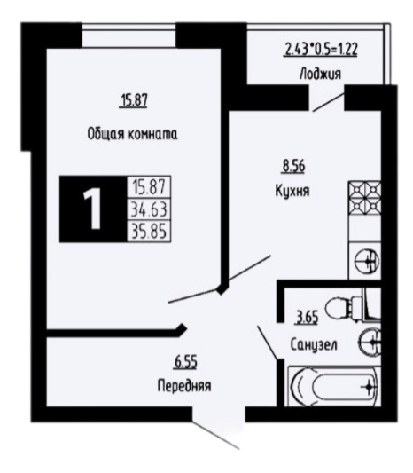 Планировка — Фруктовый сад, 1-комн., 35 м²
