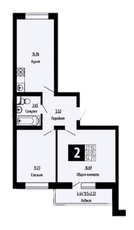 Планировка — Фруктовый сад, 2-комн., 52 м²