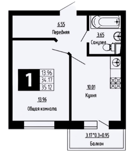 Планировка — Фруктовый сад, 1-комн., 34 м²