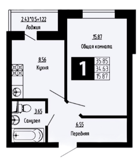 Планировка — Фруктовый сад, 1-комн., 35 м²