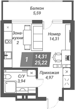 Планировка — Ворошилов, Студия, 25 м²
