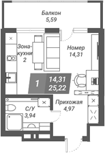 Планировка — Ворошилов, Студия, 25 м²