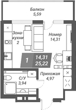 Планировка — Ворошилов, Студия, 25 м²