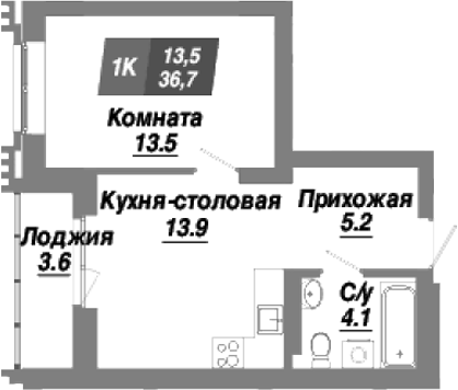 Планировка — Калининский квартал, 1-комн., 37 м²