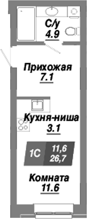 Планировка — Калининский квартал, Студия, 27 м²