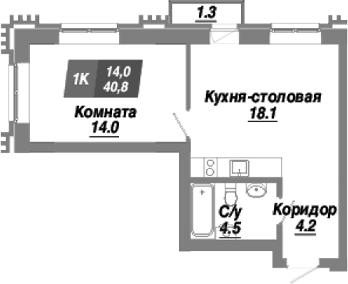Планировка — Калининский квартал, 1-комн., 41 м²