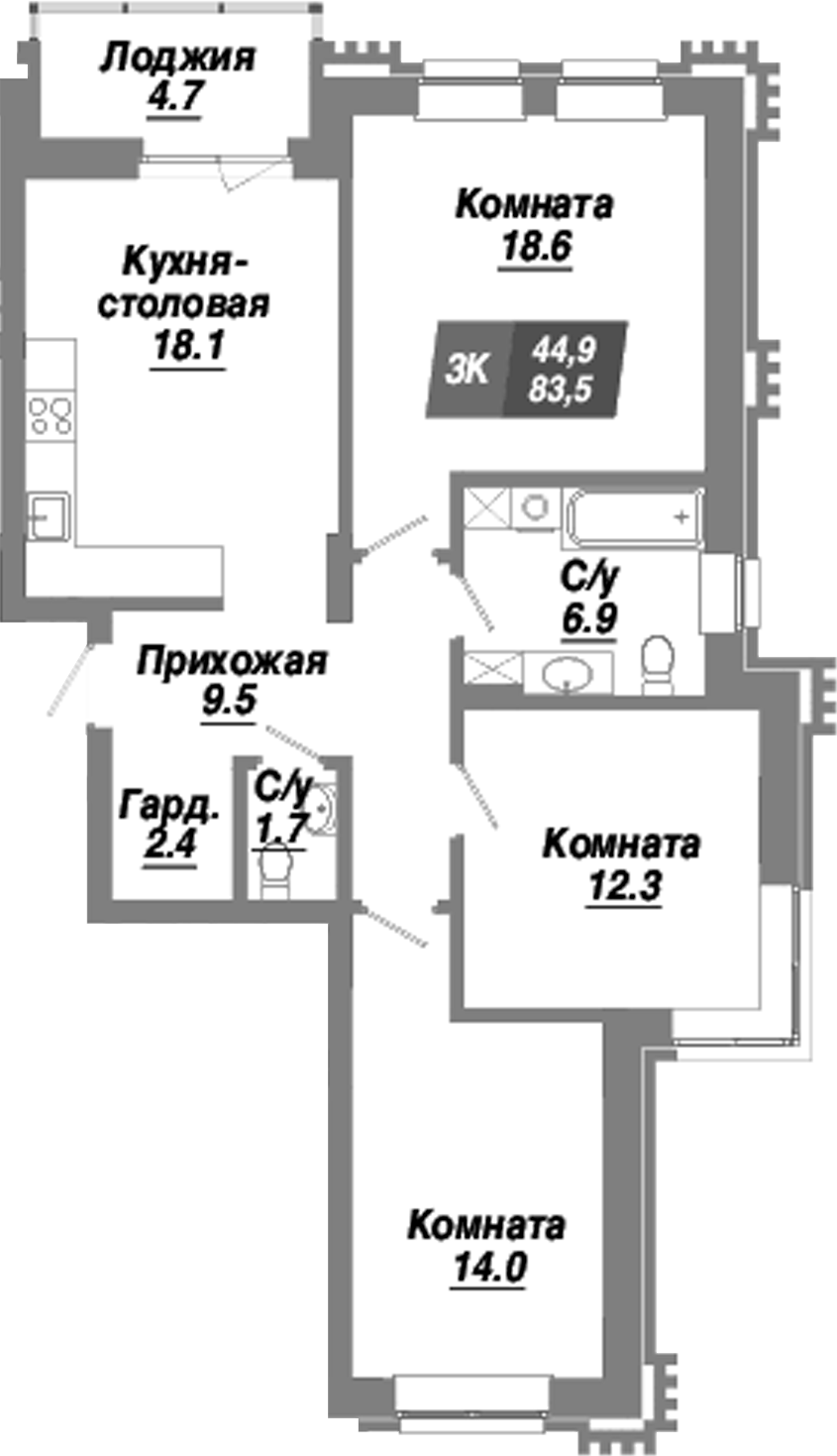 Планировка — Калининский квартал, 3-комн., 84 м²
