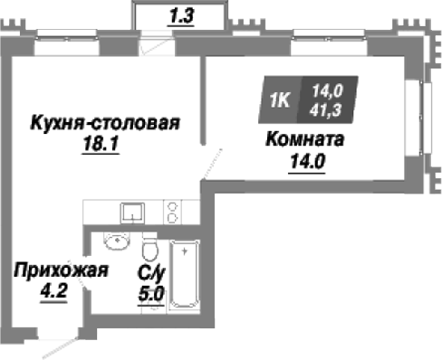 Планировка — Калининский квартал, 1-комн., 41 м²