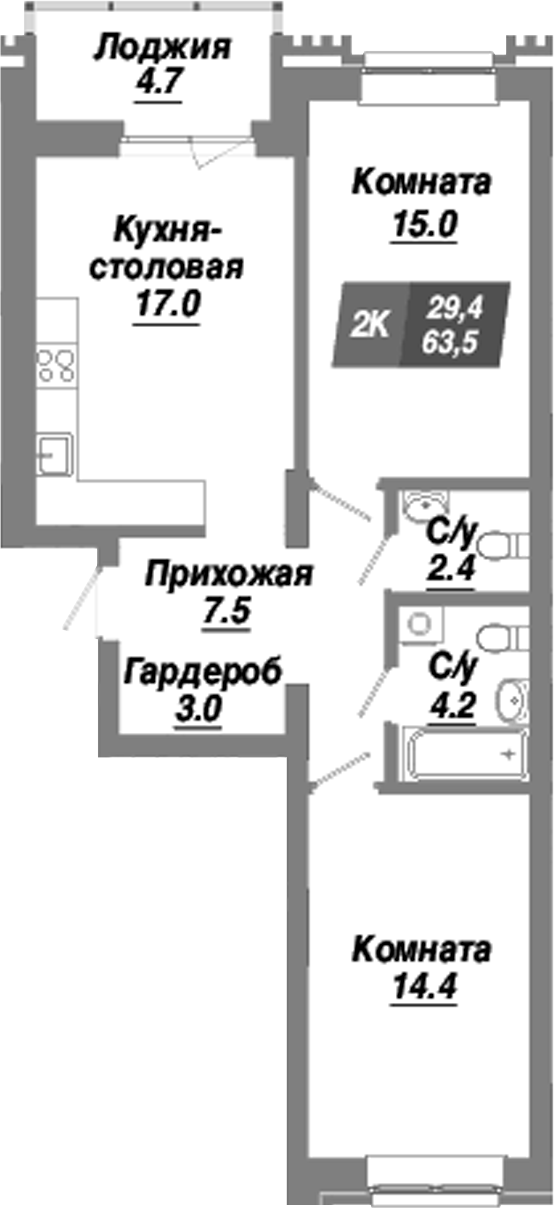 Планировка — Калининский квартал, 2-комн., 64 м²