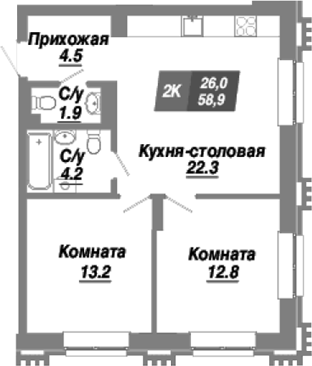 Планировка — Калининский квартал, 2-комн., 59 м²