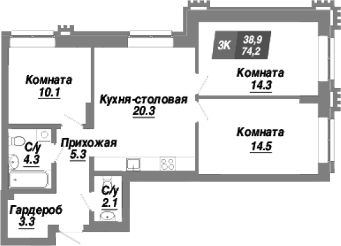 Планировка — Калининский квартал, 3-комн., 74 м²